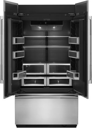 Front view of the opened JennAir® 42 in. 24.2 Cu. Ft. Panel Ready Built In Counter Depth French Door Refrigerator