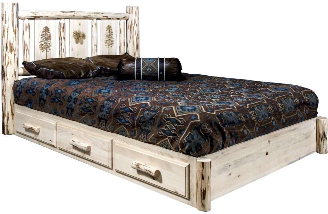 Montana Woodworks® Montana Collection Ready to Finish King Platform Storage Bed with Laser Engraved Pine Design