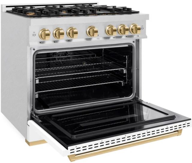ZLINE Autograph Edition 36" Satin Stainless Steel Pro Style Dual Fuel Range with White Matte Door and Polished Gold Accents-2