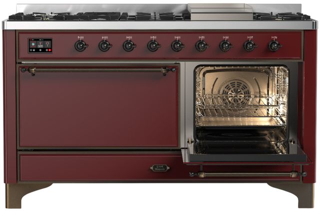 Ilve® Majestic III 60" Burgundy Pro Style Dual Fuel Natural Gas Range with Solid Door and Burnished Trim-3