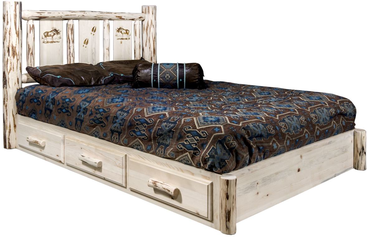 Montana Woodworks® Montana Collection Clear Lacquer Twin Platform Storage Bed with Laser Engraved Moose Design