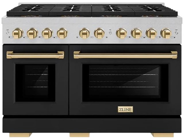 ZLINE Autograph Edition Paramount 48" 6.7 Cu. Ft. Satin Stainless Steel Gas Range with 8 Burner DuoPro™ Cooktop, Dual Ovens, Black Matte Doors and Polished Gold Accents-0