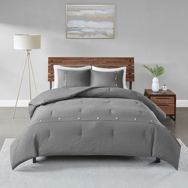 Olliix by Madison Park 3 Piece Grey King/California King Finley Cotton Waffle Weave Comforter Set-0