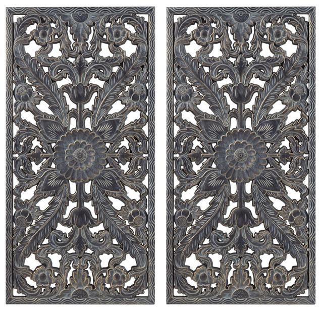 Olliix by Madison Park Botanical Panel 2 Piece Antique Blue Carved Wall Set-0