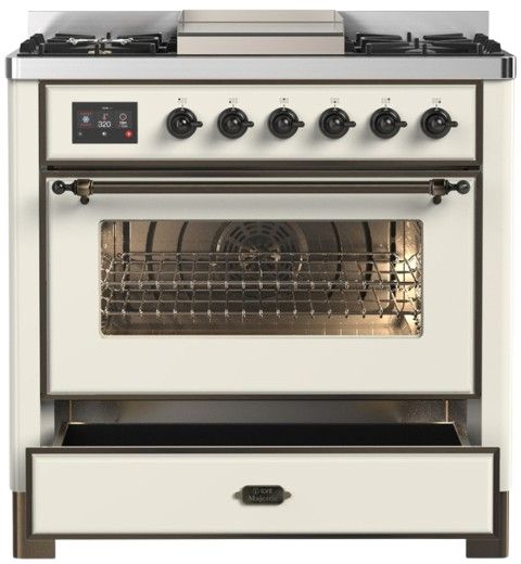 Ilve® Majestic III 36" Antique White Pro Style Dual Fuel Natural Gas Range with 6 Black Brass Burners and Burnished Trim-2