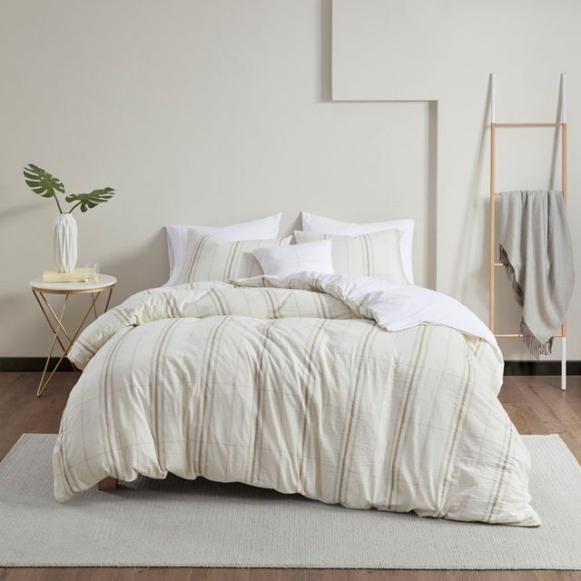 Olliix by Clean Spaces Hollis 5 Piece Organic Cotton Yarn Dyed Oversized Taupe and Ivory Full/Queen Comforter Cover Set-0