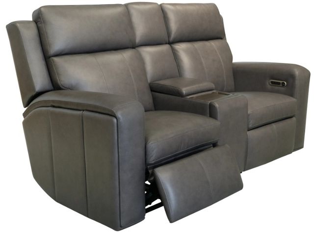 Flexsteel® Wyatt Gunmetal Gray Leather Power Reclining Loveseat with Console, Power Headrests and Lumbar-1