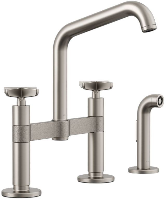 KOHLER® Billet® Vibrant Stainless 2-Hole Bridge Kitchen Sink Faucet with Side Sprayer-0