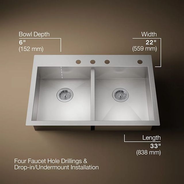 KOHLER® Vault™ Stainless Steel 33" Top/Undermount Double-Bowl Kitchen Sink-2