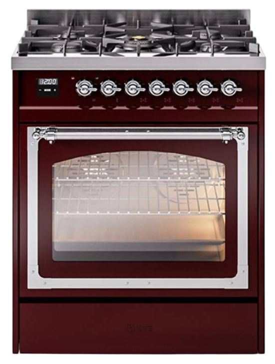 Ilve® Nostalgie II Noblesse 30" Burgundy Pro Style Dual Fuel Range with Chrome Trim-0