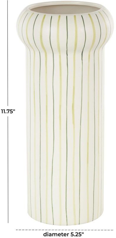Deco Marche White Vase with Green Linear Patterns-1