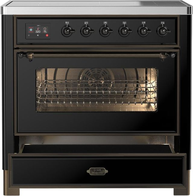 Ilve® Majestic III 36" Glossy Black Pro Style Induction Range with Triple Glass Door and Burnished Trim-3