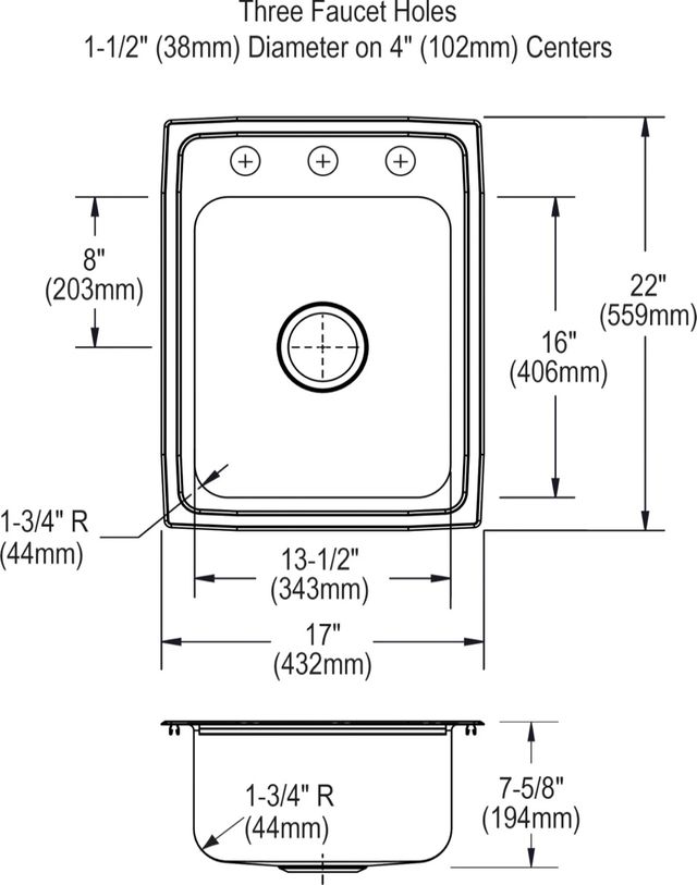 Elkay Lustertone® Lustrous Satin 17" x 22" 3-Hole Single Bowl Drop-in Bathroom Sink + Faucet Kit-1
