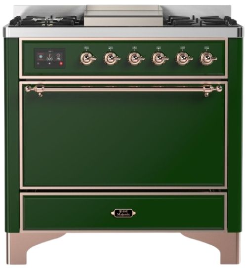 Ilve® Majestic III 36" Emerald Green Pro Style Dual Fuel Liquid Propane Range with Solid Door and Copper Trim-0