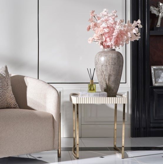 Michael Amini® Lisbon Silken Matte Cream Side Table with Gold Base-1