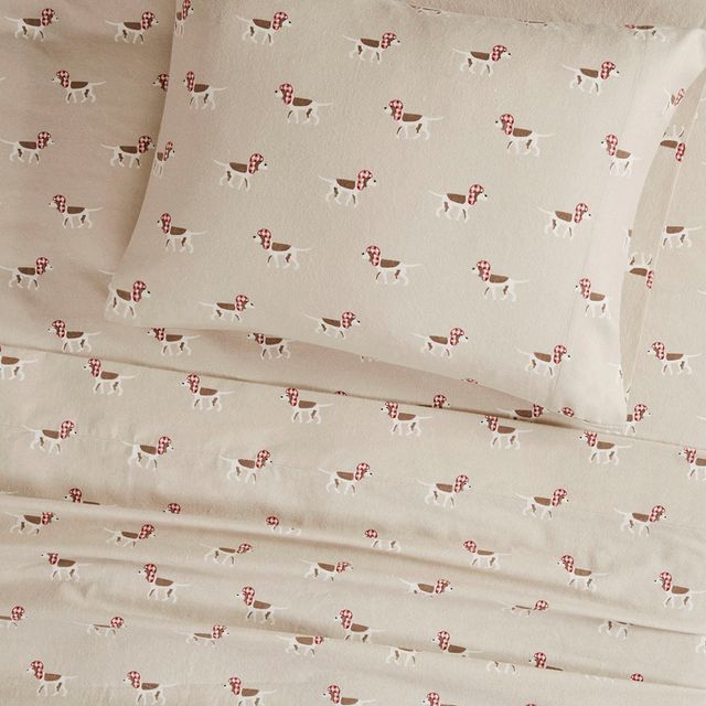 Olliix by Woolrich Tan Dog Queen Flannel Cotton Sheet Set-1