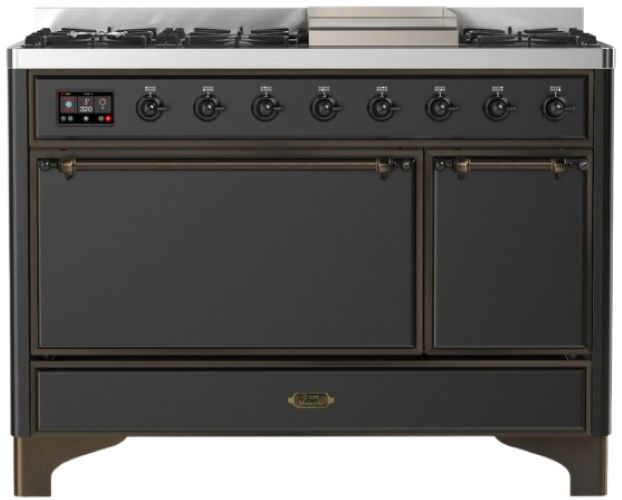 Ilve® Majestic III 48" Graphite Matte Pro Style Dual Fuel Natural Gas Range with Solid Door and Burnished Trim-0