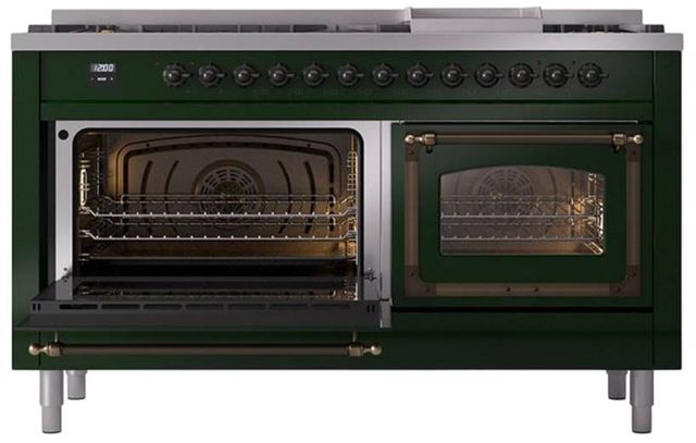 Ilve® Nostalgie II Noblesse 60'' Emerald Green Pro Style Dual Fuel Range with Burnished Trim-3