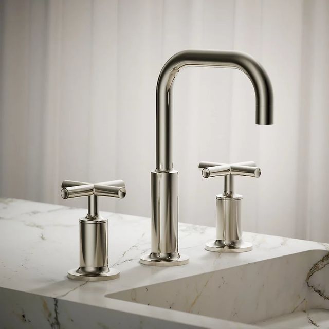 KOHLER® Purist® Vibrant Polished Nickel 8" Widespread Bathroom Sink Faucet with Cross Handles-3