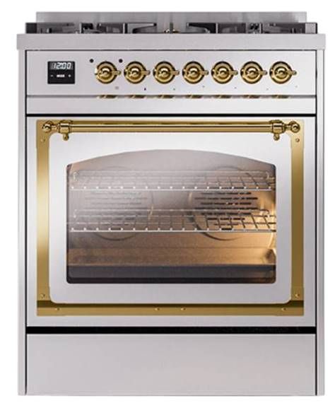 Ilve® Nostalgie II Noblesse 30" Stainless Steel Pro Style Dual Fuel Range with Brass Trim-1