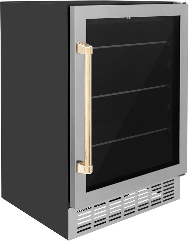 ZLINE Autograph Edition Monument 24" 4.5 Cu. Ft. Stainless Steel Freestanding Beverage Fridge with Polished Gold Accents-2