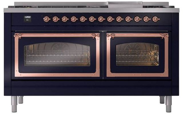 Ilve® Nostalgie II Noblesse 60'' Midnight Blue Pro Style Dual Fuel Range with Copper Trim-1