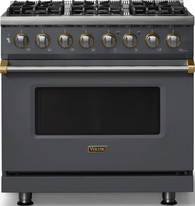 Viking® 5 Series 36" Cast Black Pro Style Dual Fuel (LP) Range with Brushed Brass Trim-0