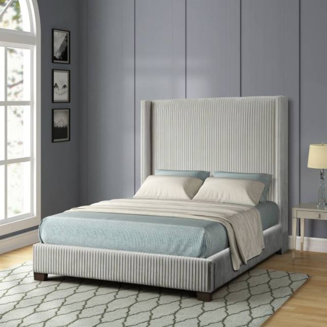 Bernards Jennie Gray Pleated Upholstered King Panel Bed-1
