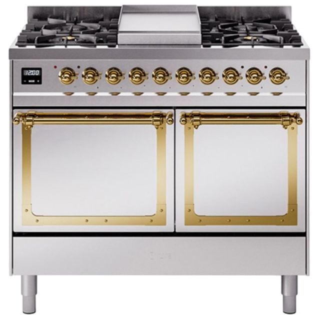Ilve® Nostalgie II Noblesse 40'' Stainless Steel Pro Style Dual Fuel Range with Brass Trim-0