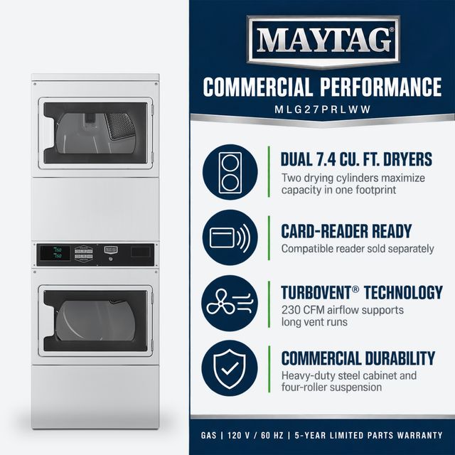 Maytag Commercial MLG27PRLWW Card-Reader-Ready Gas Stacked Dryer, Two 7.4 Cu. Ft. Pockets, White-3