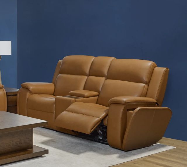 Flexsteel® Ziggy Camel Leather Power Reclining Loveseat with Console, Power Headrest and Lumbar-2