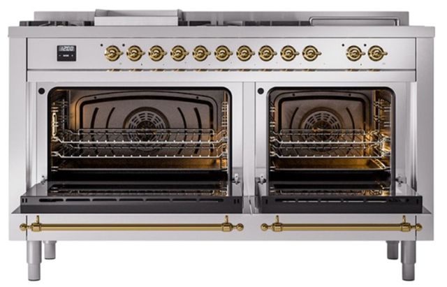 Ilve® Nostalgie II Noblesse 60'' Stainless Steel Pro Style Dual Fuel Range with Brass Trim-2