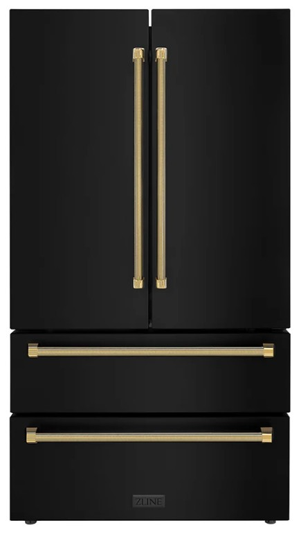 ZLINE Autograph Edition 36 in. 22.5 cu. ft. Counter-Depth French Door Refrigerator with Ice Maker in Fingerprint-Resistant Black Stainless Steel and Polished Gold Helix Handles (RFMZ-36-BS-KG)