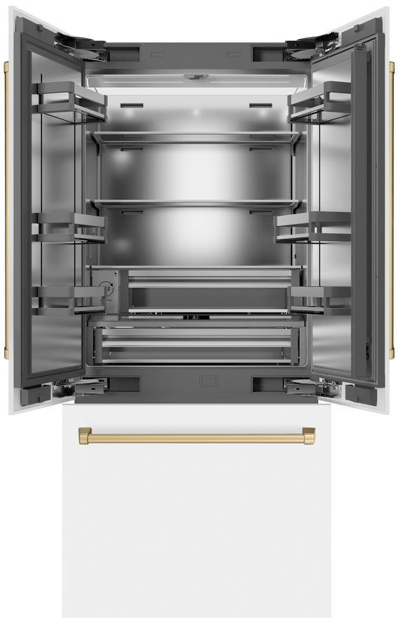 ZLINE Autograph Edition 36" 19.6 Cu. Ft. White Matte Built-In French Door Refrigerator with Champagne Bronze Accents-1
