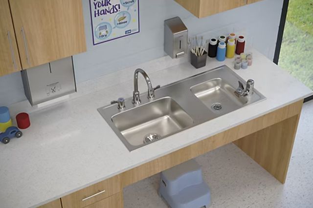 Elkay Lustertone® Classic Lustrous Satin Stainless Steel 37 x 17" x 7" Rectangular Double Bowl Drop-in Classroom ADA Sink-3