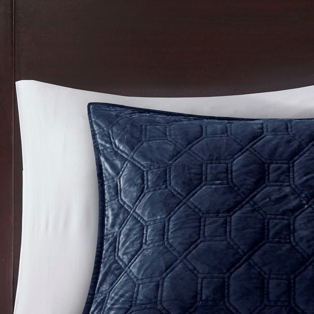 Olliix by Madison Park Harper 3 Piece Navy Full/Queen Faux Velvet Reversible Coverlet Set-2