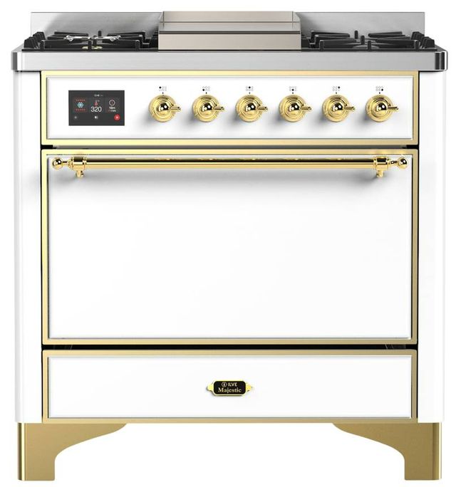 Ilve® Majestic III 36" White Pro Style Dual Fuel Natural Gas Range with Solid Door and Brass Trim-0