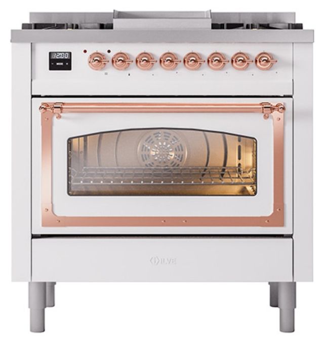 Ilve® Nostalgie II Noblesse 36'' White Pro Style Dual Fuel Range with Copper Trim-1