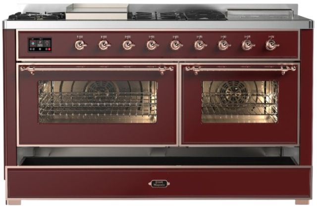 Ilve® Majestic III 60" Burgundy Pro Style Dual Fuel Natural Gas Range with French Top and Copper Trim-2