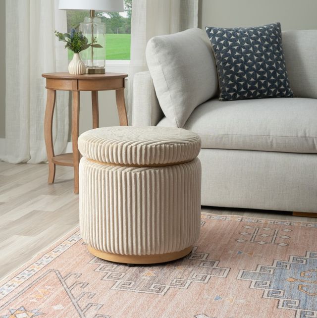 Linon Sunny Cream Corduroy Round Ottoman-1