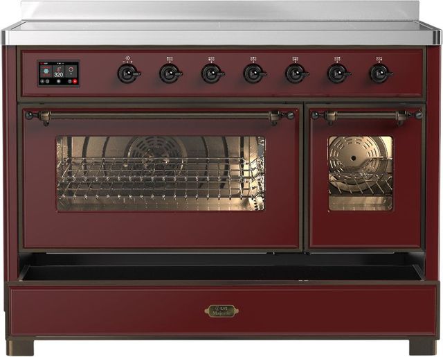 Ilve® Majestic III 48" Burgundy Pro Style Induction Range with Triple Glass Door and Burnished Trim-2