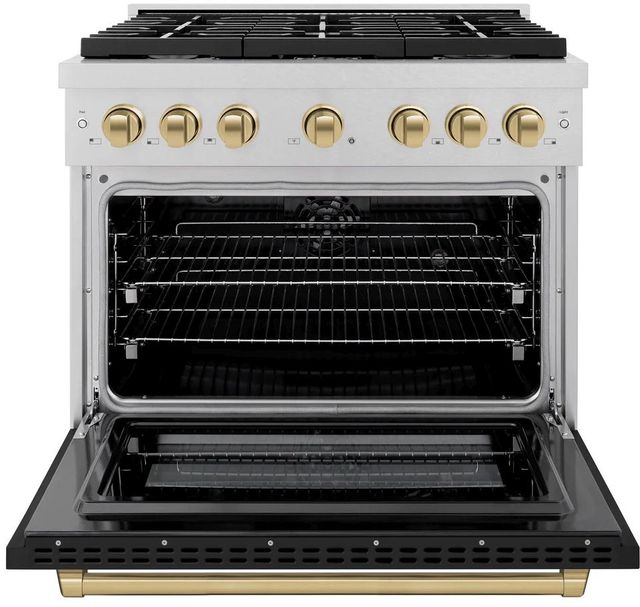 ZLINE Autograph Edition Paramount 36" Satin Stainless Steel Pro Style Dual Fuel Range with Black Matte Door and Champagne Bronze Accents-1