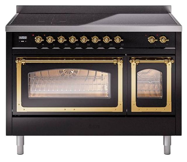 Ilve® Nostalgie II Noblesse 48'' Glossy Black Pro Style Induction Range with Brass Trim-0