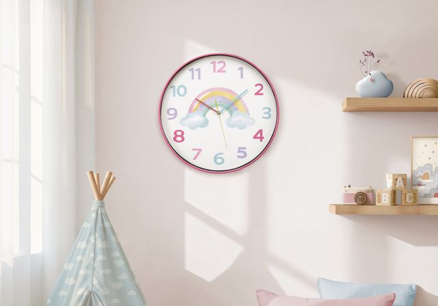 Monarch Specialties Inc. Multi-Colored Pastel 18" Wall Clock For Kids with Rainbow Image-1