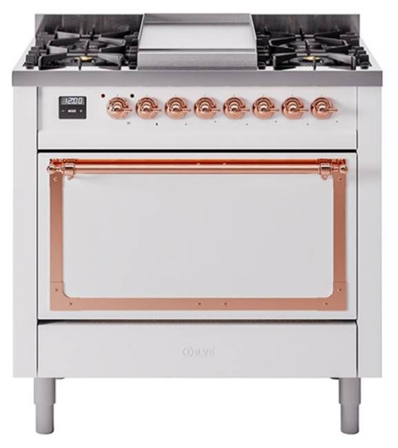 Ilve® Nostalgie II Noblesse 36'' White Pro Style Dual Fuel Range with Copper Trim-0