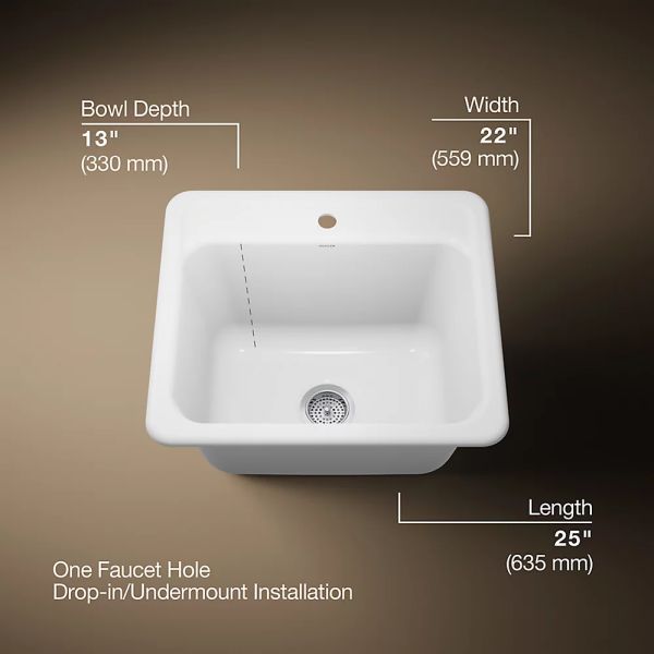 KOHLER® Glen Falls™ White 25" 1-Faucet Hole Top/Undermount Single-Bowl Utility Sink-2