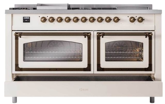 Ilve® Nostalgie II Noblesse 60'' Antique White Pro Style Dual Fuel Range with Burnished Trim-3