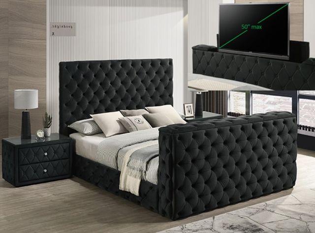 Crown Mark Josephine Black King Upholstered Panel Bed with TV Lift-1