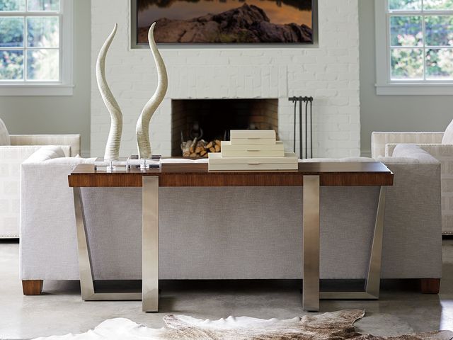 Lexington Home Kitano Langstone Zebrano Top Console Table with Brushed Stainless Steel Base-1