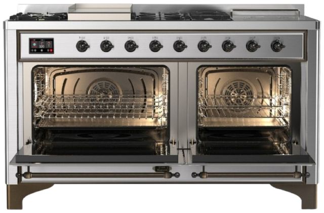 Ilve® Majestic III 60" Stainless Steel Pro Style Dual Fuel Natural Gas Range with French Top and Burnished Trim-1